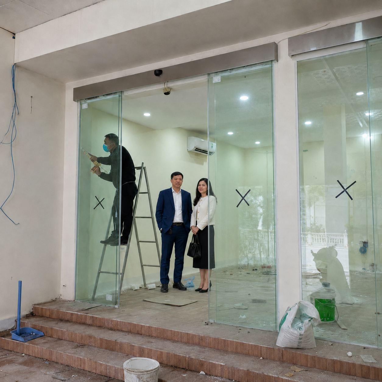 Cửa kính mặt tiền văn phòng đang thi công với hai người mặc đồ công sở đứng bên trong